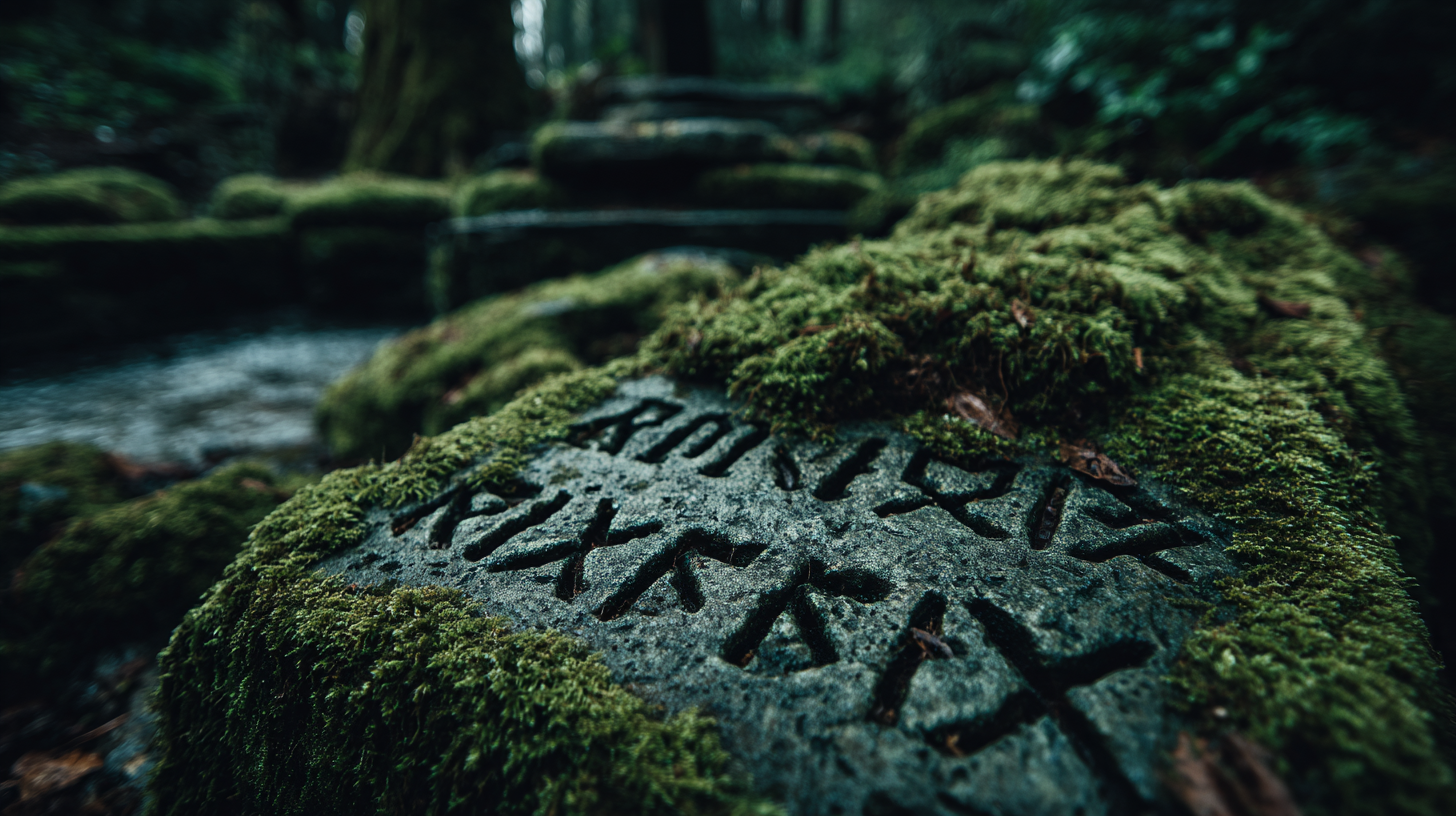 Nahaufnahme alter Runen in Moos – Elder Futhark in Stein gehauen