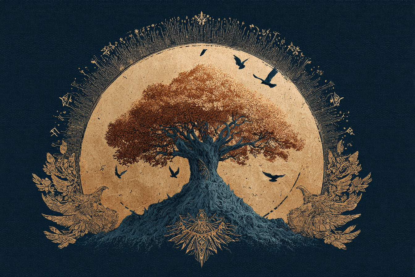 Yggdrasil – der Weltenbaum der nordischen Mythologie, Illustration in Dunkelblau und Gold